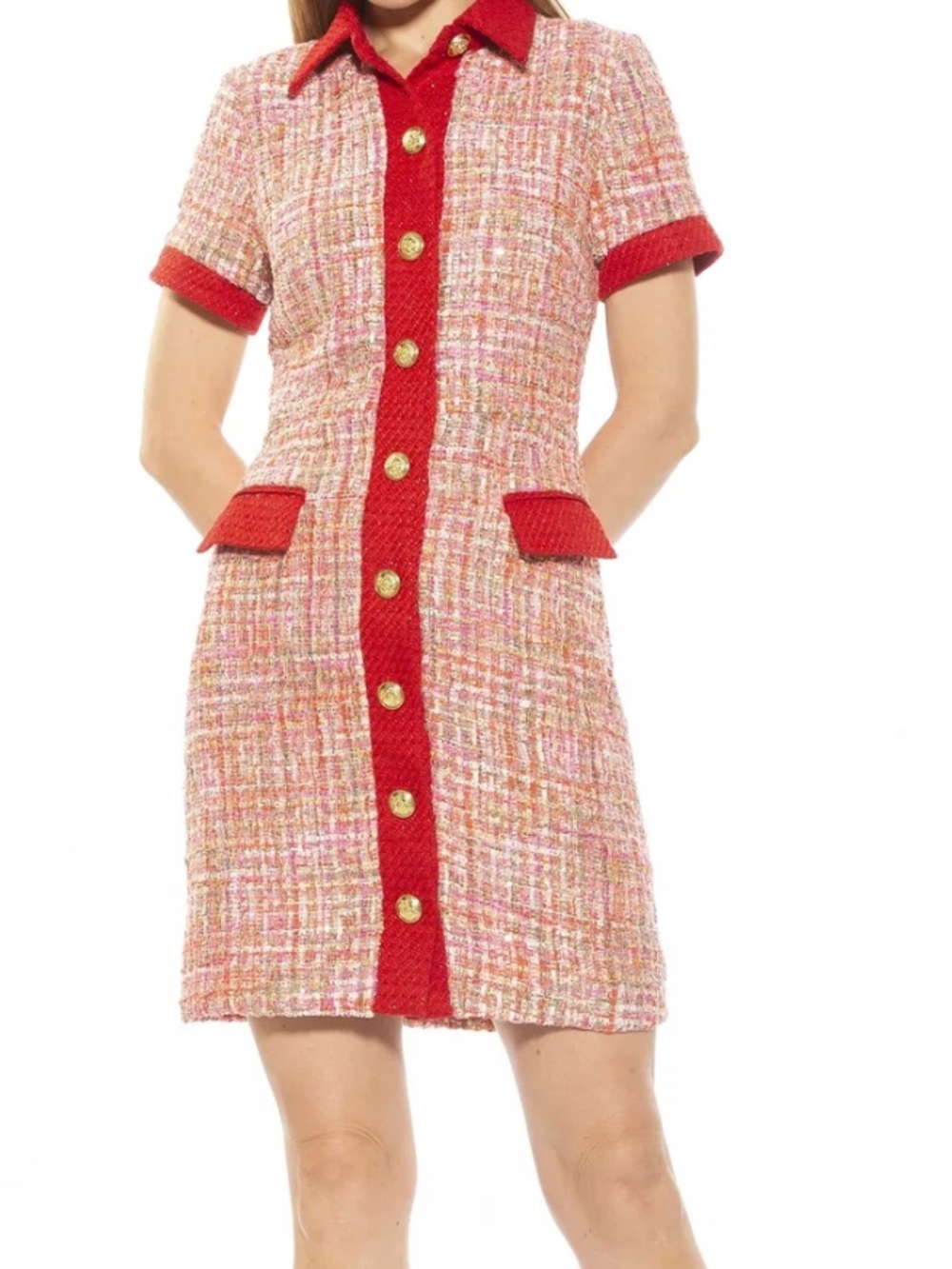 NWT Alexia Admor Jenni Collar Button-Down Tweed Shirt Dress